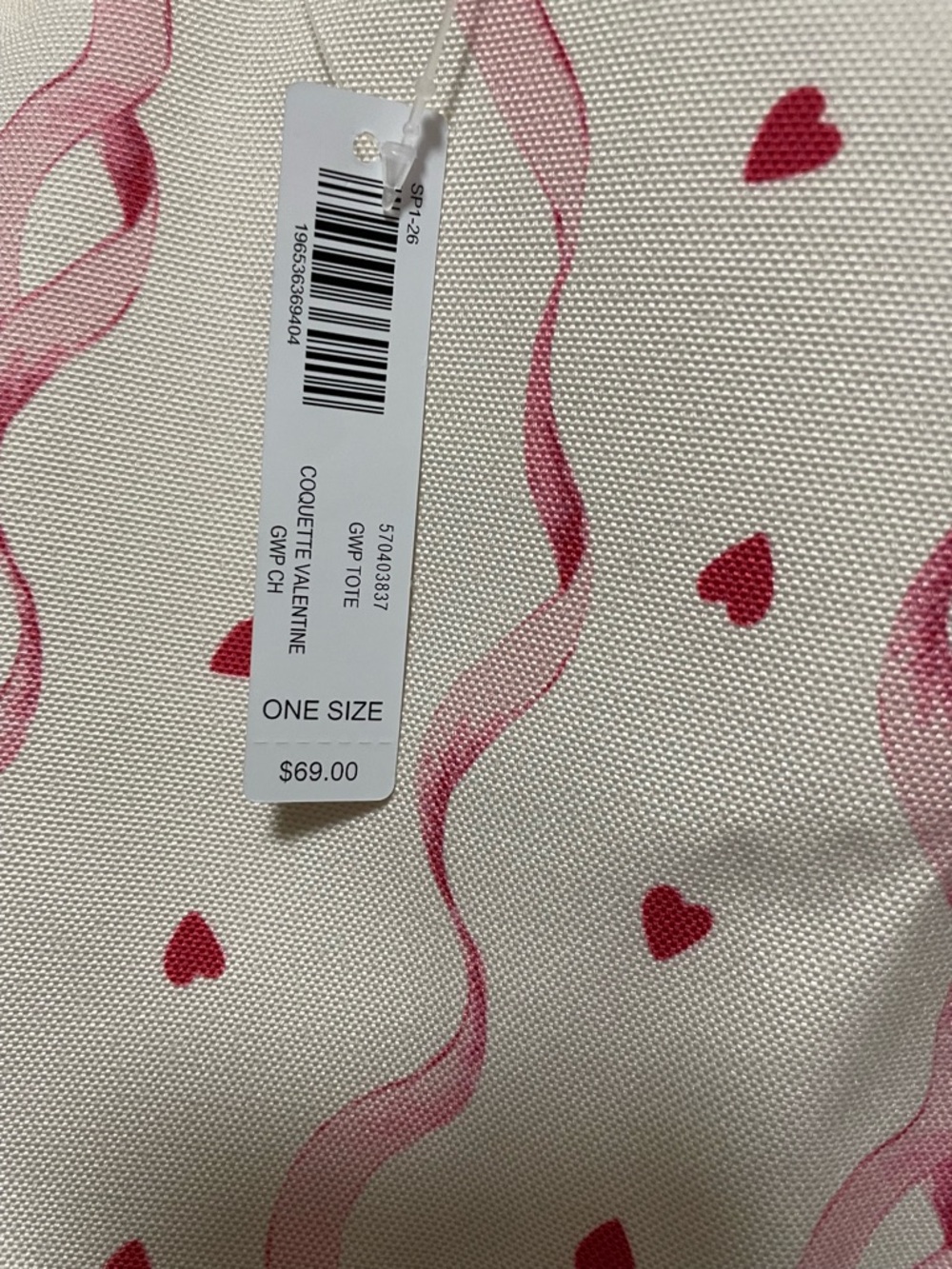 Soma White Tote with Pink Ribbon & Heart Print NWT - Picture 3 of 6